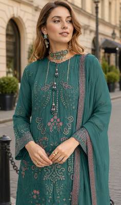Green fox georgette semi stitched suit with embroidered sequin work 2