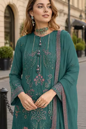 Green fox georgette semi stitched suit with embroidered sequence work