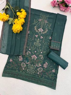 Green fox georgette semi stitched suit with embroidered sequin work 3