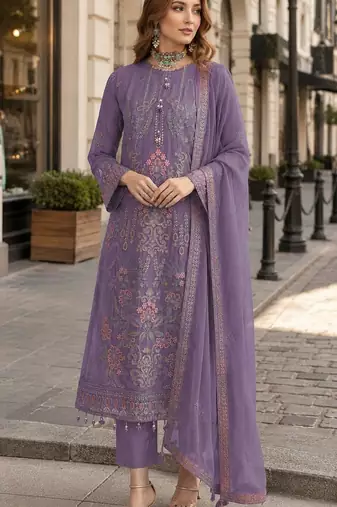Purple fox georgette semi stitched suit with embroidered sequence work