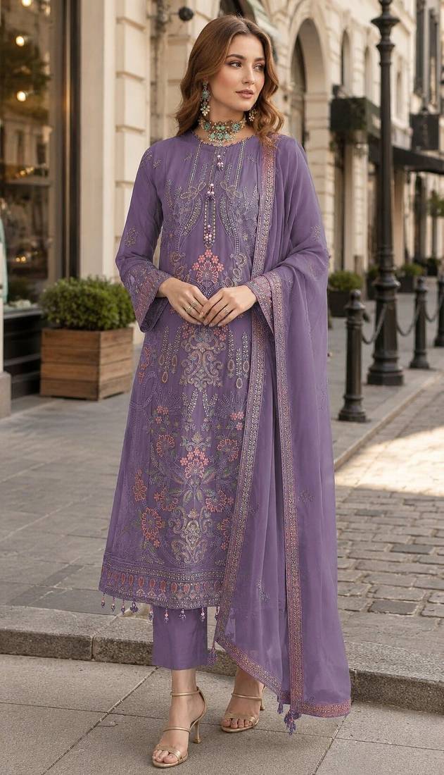 Purple fox georgette semi stitched suit with embroidered sequence work