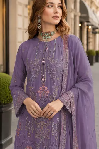 Purple fox georgette semi stitched suit with embroidered sequence work