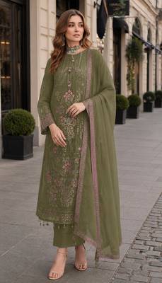 Mehendi fox georgette semi stitched suit with embroidered sequin work 1