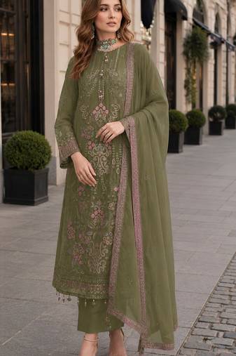 Mehendi fox georgette semi stitched suit with embroidered sequence work