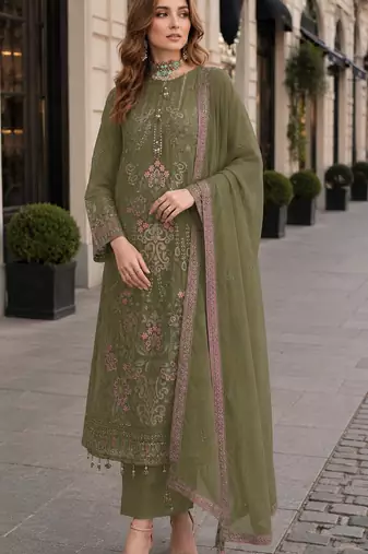 Mehendi fox georgette semi stitched suit with embroidered sequence work