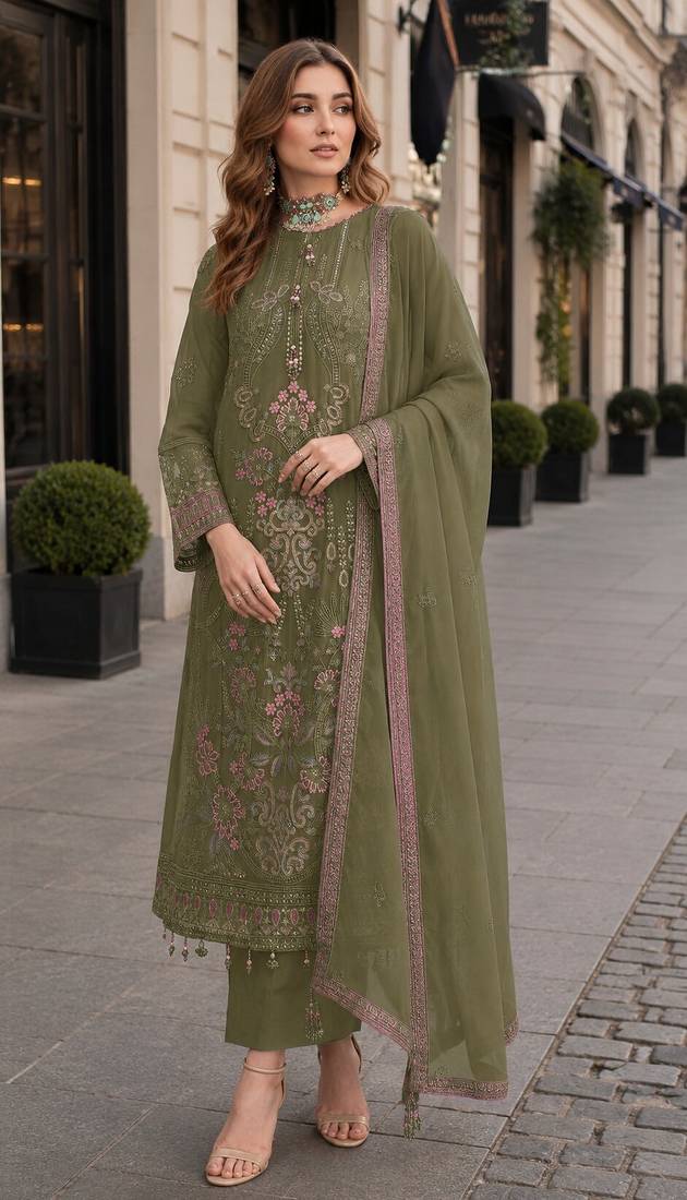 Mehendi fox georgette semi stitched suit with embroidered sequence work