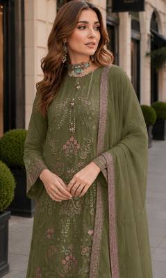 Mehendi fox georgette semi stitched suit with embroidered sequin work 2