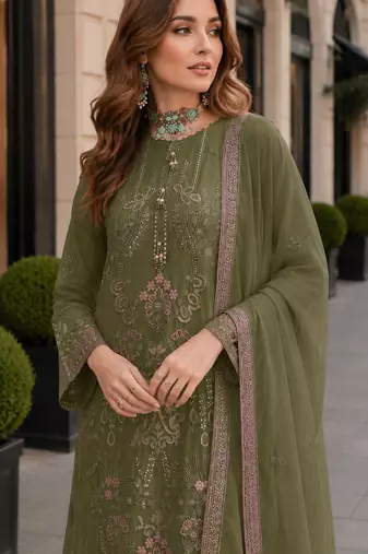 Mehendi fox georgette semi stitched suit with embroidered sequence work