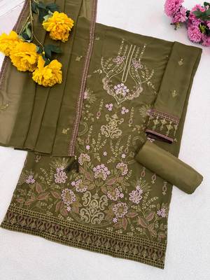Mehendi fox georgette semi stitched suit with embroidered sequin work 3