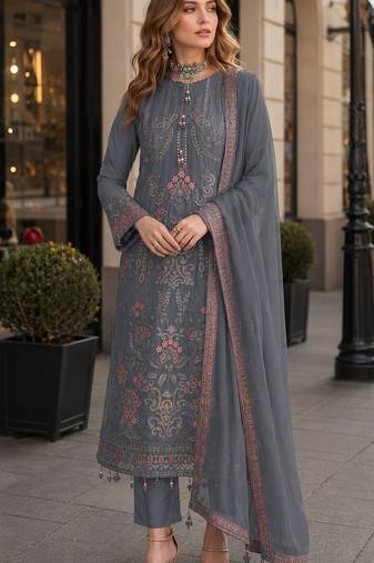 Blue fox georgette semi stitched suit with embroidered sequence work