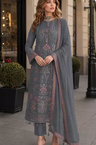 Blue fox georgette semi stitched suit with embroidered sequence work