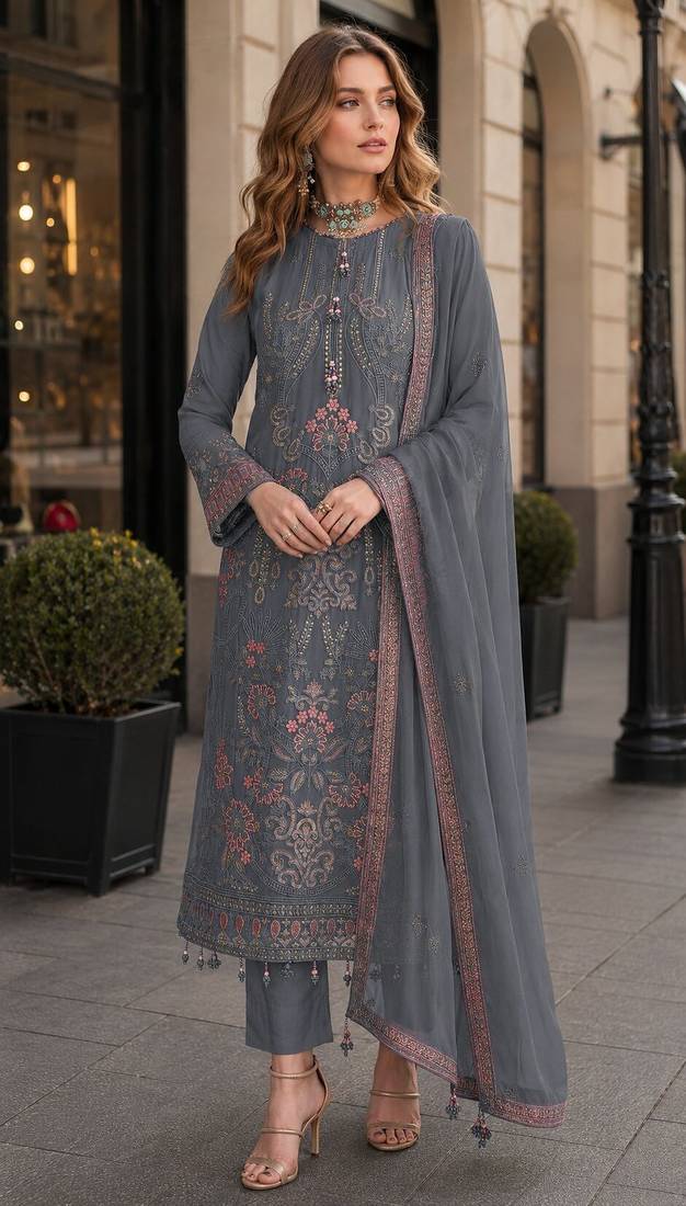 Blue fox georgette semi stitched suit with embroidered sequence work