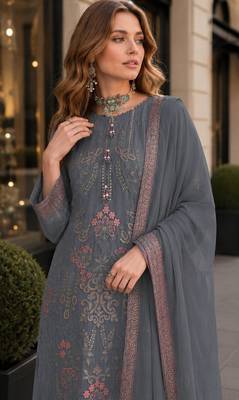 Blue fox georgette semi stitched suit with embroidered sequin work 2