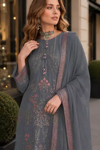 Blue fox georgette semi stitched suit with embroidered sequence work