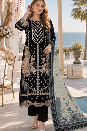 Black fox georgette semi stitched suit with embroidery & khatli work