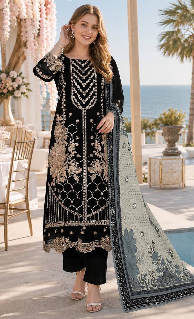 Black fox georgette semi stitched suit with embroidery & khatli work