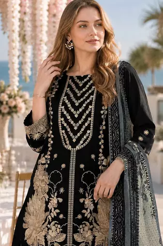 Black fox georgette semi stitched suit with embroidery & khatli work