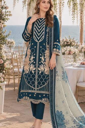 D blue fox georgette semi stitched suit with embroidery & khatli work