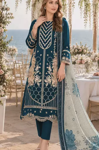 D blue fox georgette semi stitched suit with embroidery & khatli work