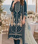 D blue fox georgette semi stitched suit with embroidery & khatli work