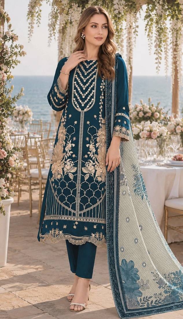 D blue fox georgette semi stitched suit with embroidery & khatli work