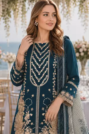 D blue fox georgette semi stitched suit with embroidery & khatli work