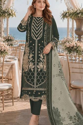 Mehendi fox georgette semi stitched suit with embroidery & khatli work