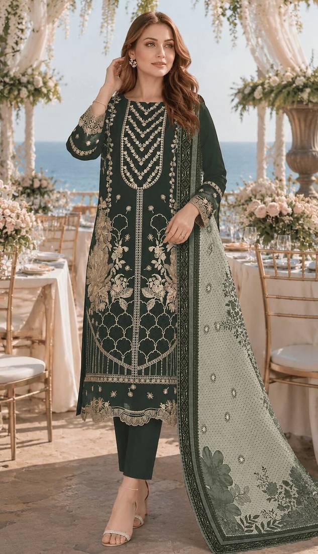Mehendi fox georgette semi stitched suit with embroidery & khatli work