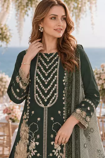 Mehendi fox georgette semi stitched suit with embroidery & khatli work