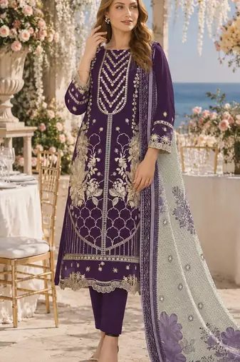 Violet fox georgette semi stitched suit with embroidery & khatli work