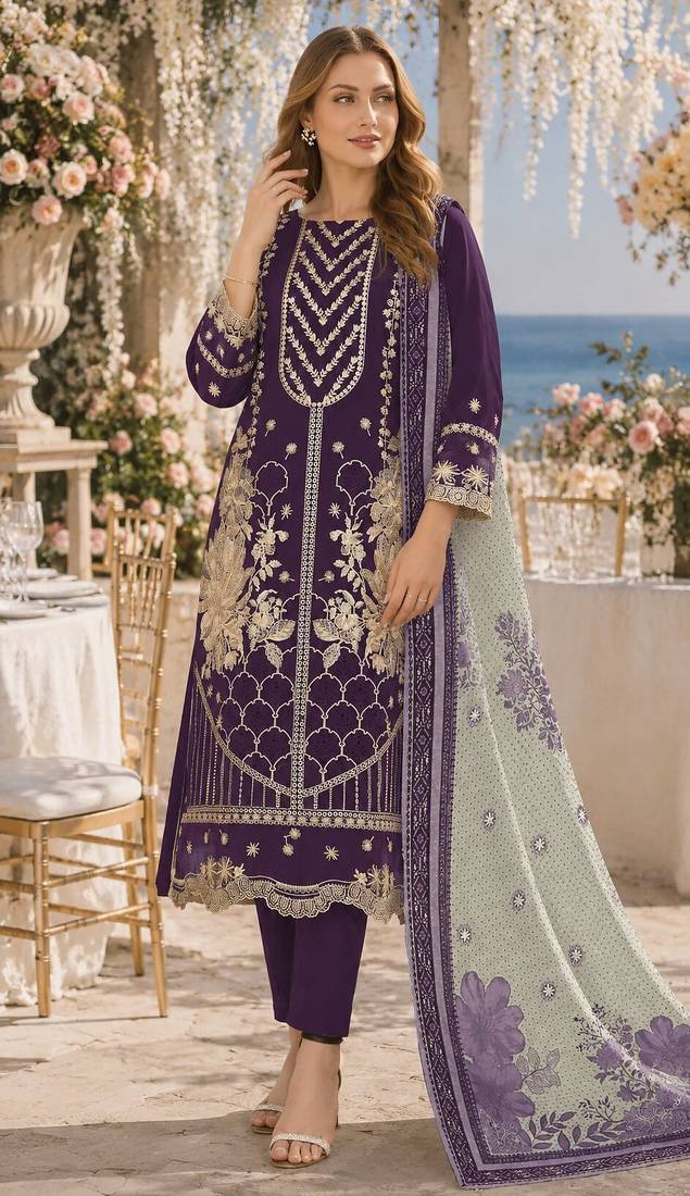 Violet fox georgette semi stitched suit with embroidery & khatli work