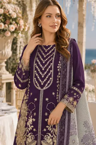 Violet fox georgette semi stitched suit with embroidery & khatli work