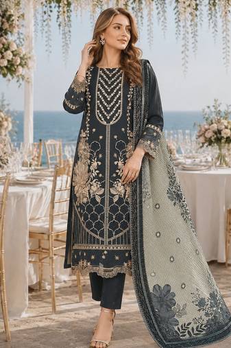 Navy fox georgette semi stitched suit with embroidery & khatli work