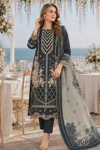 Navy fox georgette semi stitched suit with embroidery & khatli work