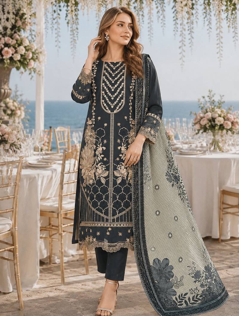 Navy fox georgette semi stitched suit with embroidery & khatli work