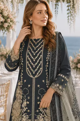 Navy fox georgette semi stitched suit with embroidery & khatli work