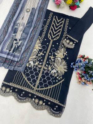 Navy fox georgette suit with embroidery & khatli work 3