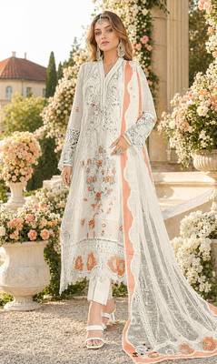 White & peach chiffon suit with embroidery & sequin work 1