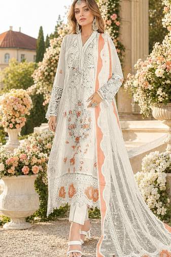 White & peach chiffon semi stitched suit with embroidery & sequence work