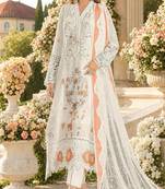 White & peach chiffon semi stitched suit with embroidery & sequence work