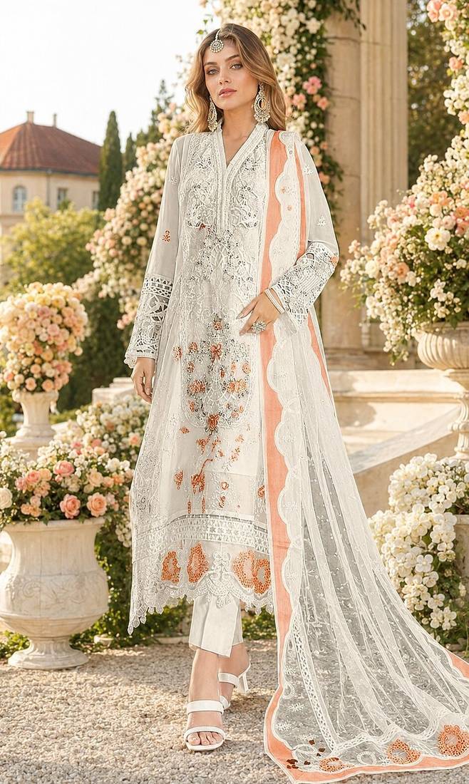 White & peach chiffon semi stitched suit with embroidery & sequence work