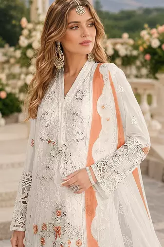 White & peach chiffon semi stitched suit with embroidery & sequence work