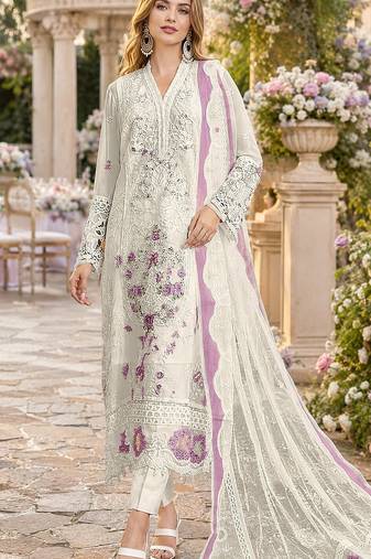 White & purple chiffon semi stitched suit with embroidery & sequence work