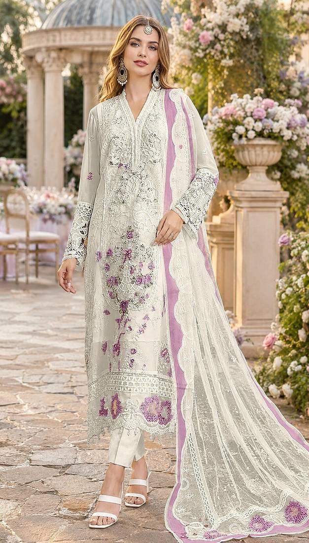 White & purple chiffon semi stitched suit with embroidery & sequence work
