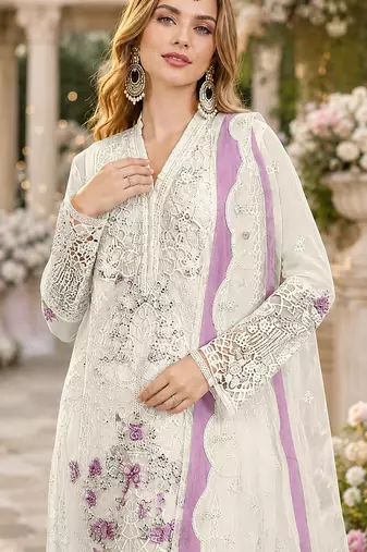 White & purple chiffon semi stitched suit with embroidery & sequence work