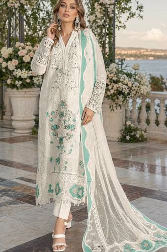 White & blue chiffon semi stitched suit with embroidery & sequence work