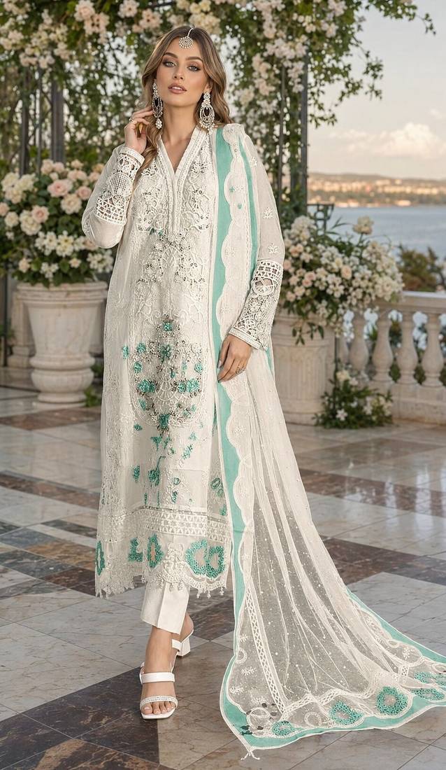 White & blue chiffon semi stitched suit with embroidery & sequence work