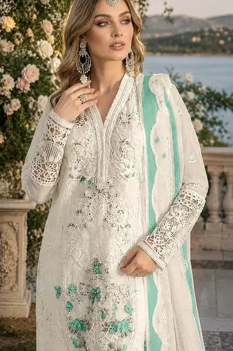 White & blue chiffon semi stitched suit with embroidery & sequence work