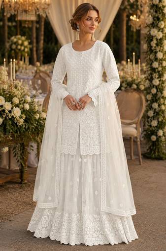 White heavy net readymade suit with embroidery & sequence work