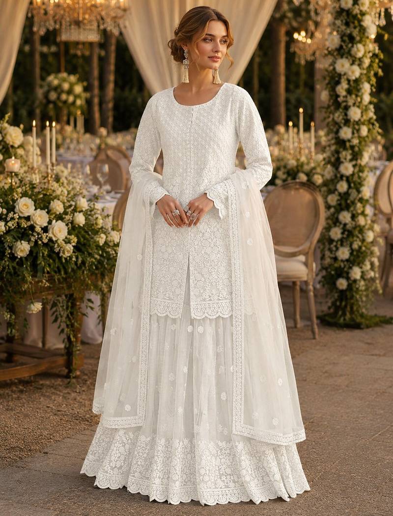White heavy net readymade suit with embroidery & sequence work
